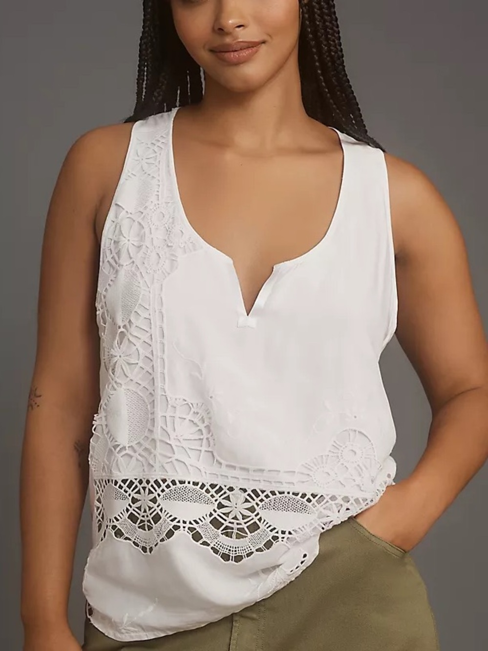 Anthropologie x Tiny Cyrus Eyelet Mix-Media Lace Tank Top White M Boho Festival